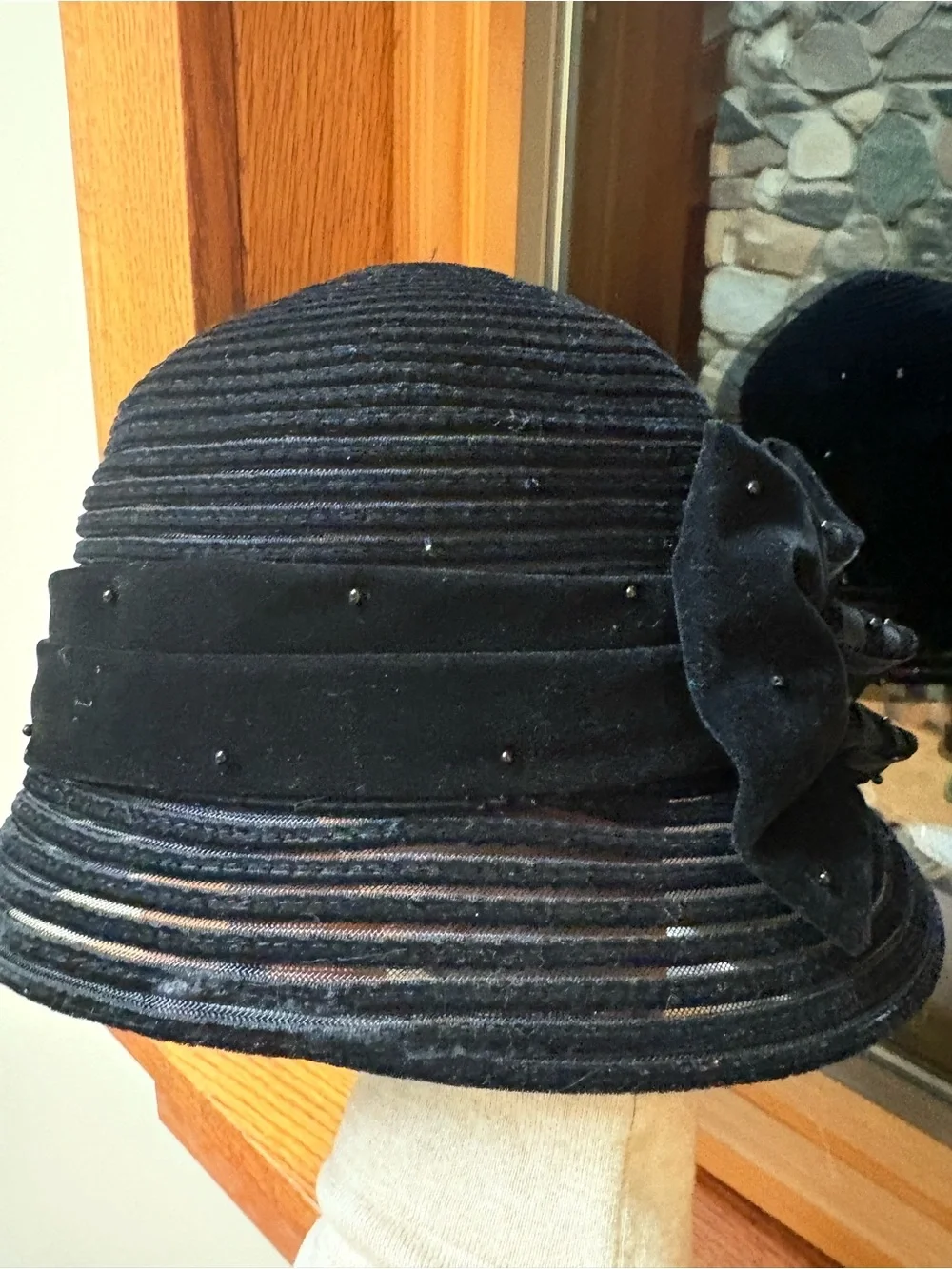 Vintage Swan Hat Black Cloche Mesh Velvet Bows Knots Black Beaded Adjustable